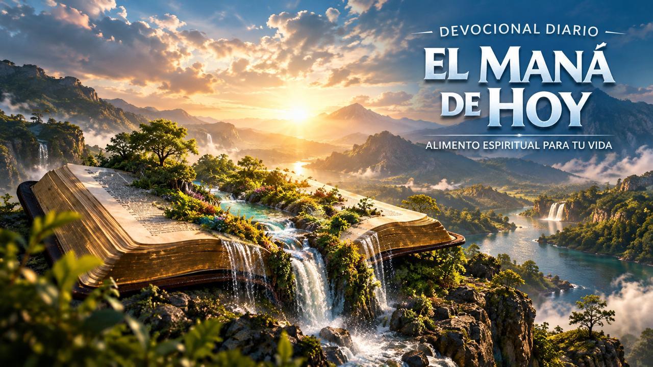 Una Biblia abierta de la que brotan ríos y cascadas, bajo un amanecer entre montañas